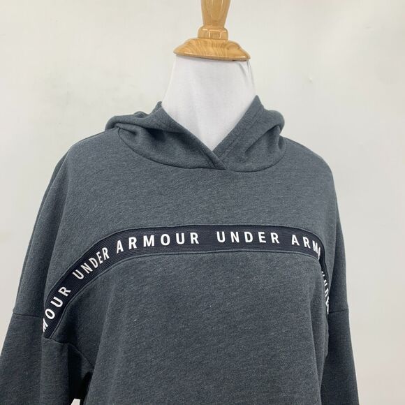Under Armour Crop Hoodie Womens XS Extra Small Gray UA Taped Fleece Sweatshirt - Picture 4 of 13